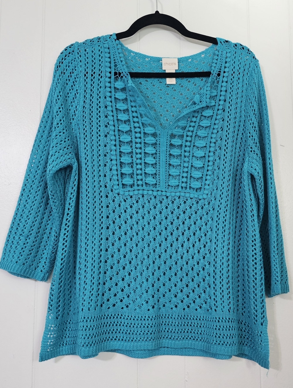 Chico’s 3P Petite XL Teal Open Knit Crochet Top Boho Tunic Beach Cover